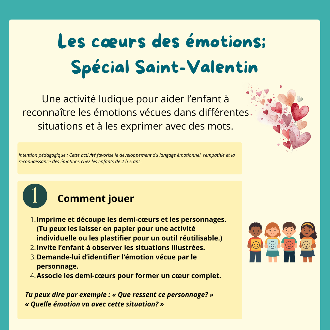 Outil pédagogique sur les émotions pour la Saint-Valentin afin de favoriser le langage émotionnel et l’empathie chez les enfants