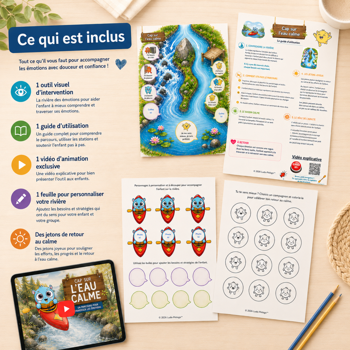 Contenu du PDF Cap sur l’eau calme – rivière des émotions, kayaks, stratégies, jetons et guide