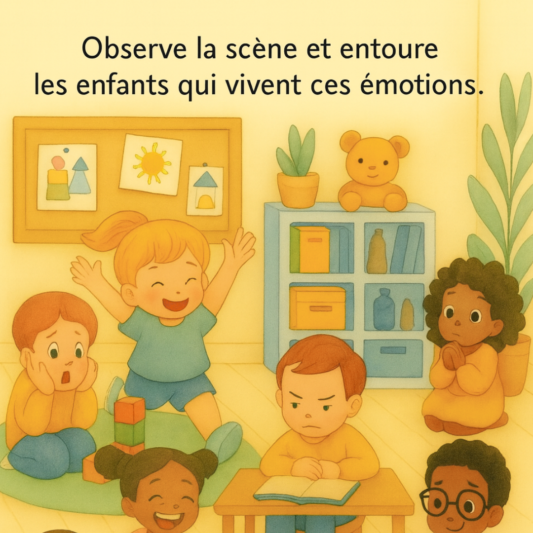 Affiche activité cherche et trouve des émotions dans un local de CPE pour aider les enfants à reconnaître et nommer leurs émotions