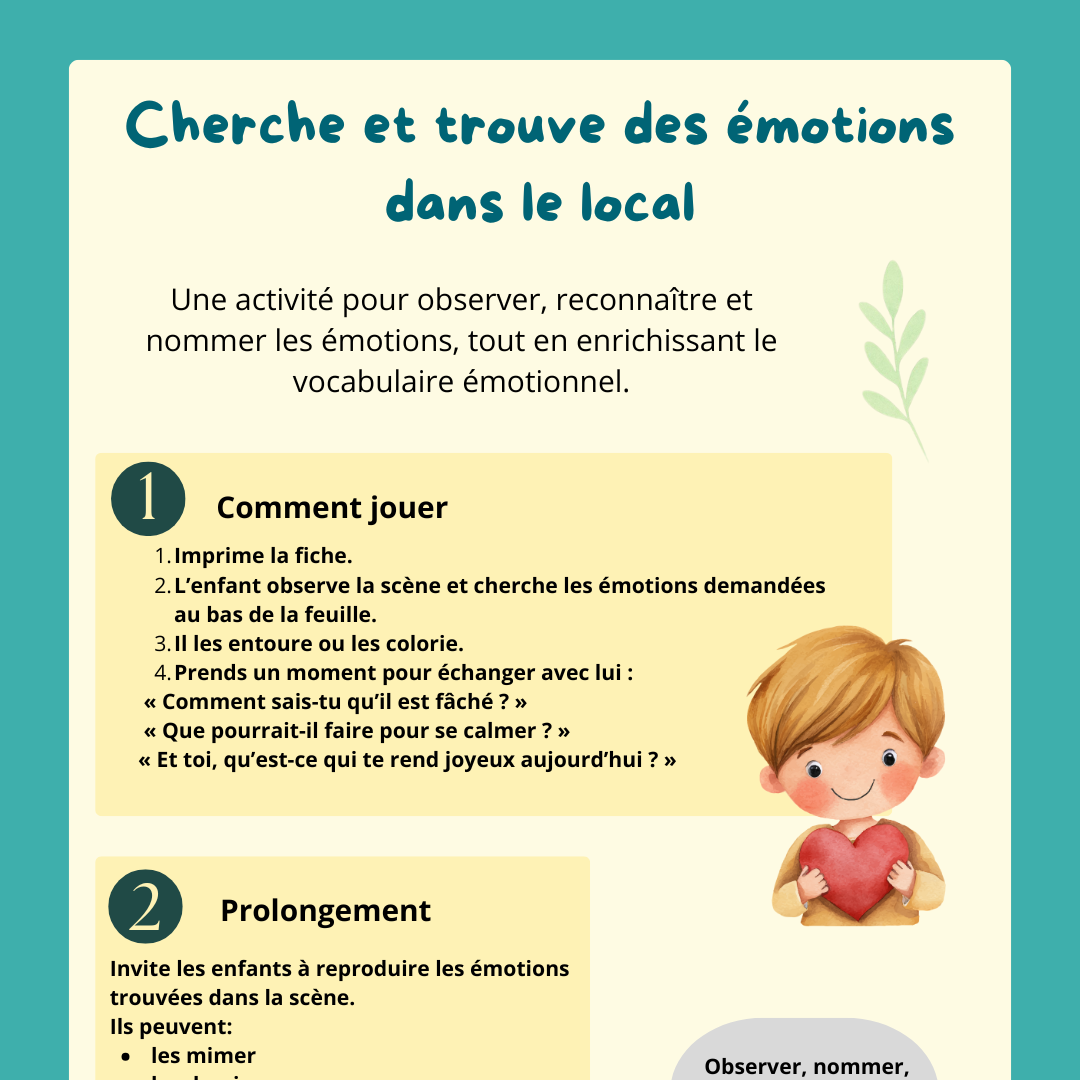 Affiche activité cherche et trouve des émotions dans le local pour aider les enfants à observer, reconnaître et nommer leurs émotions