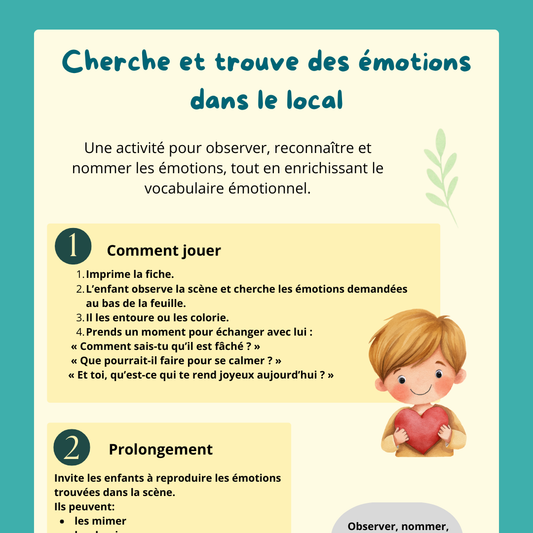 Affiche activité cherche et trouve des émotions dans le local pour aider les enfants à observer, reconnaître et nommer leurs émotions